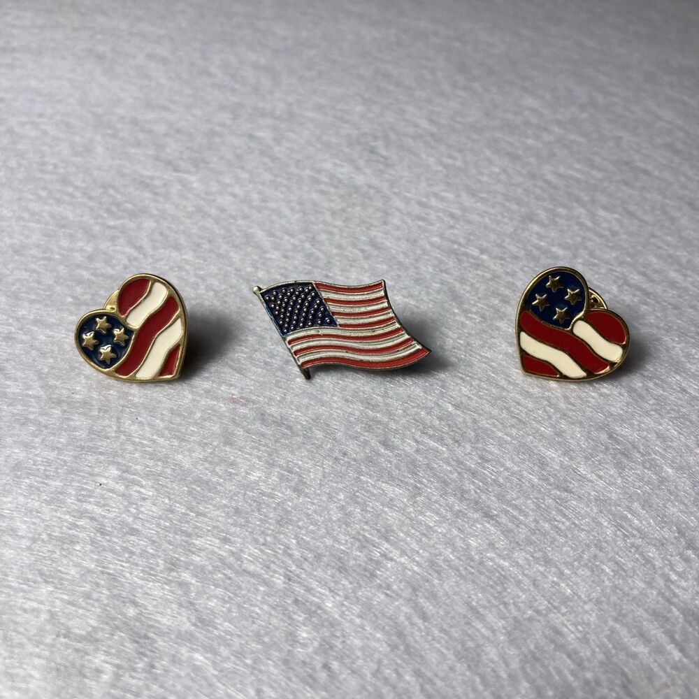 Vintage American USA Flag Heart Enamel Brooch Pin Lapel Hat Lot Of 3 - 2 Avon